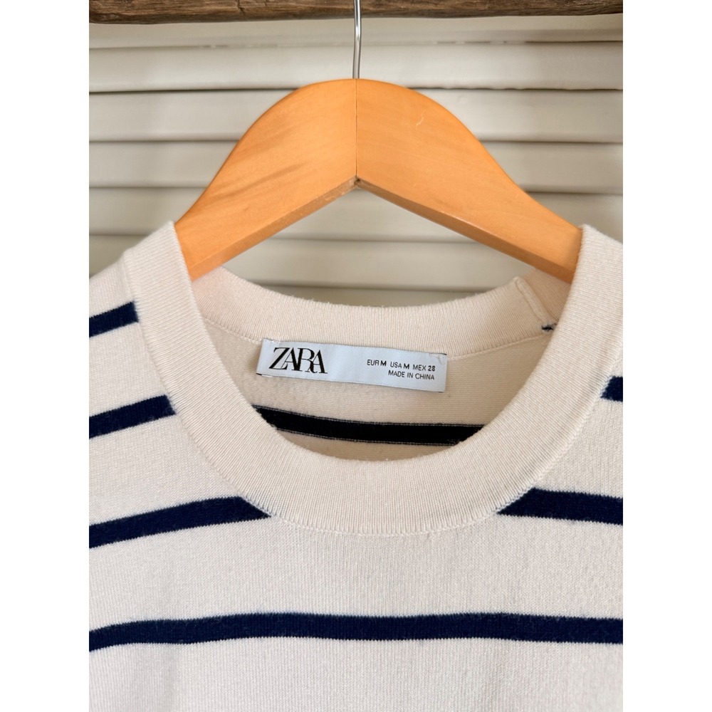 Zara Striped Knit Sweater Vest Size M Cream Navy Blue - Picture 3 of 4